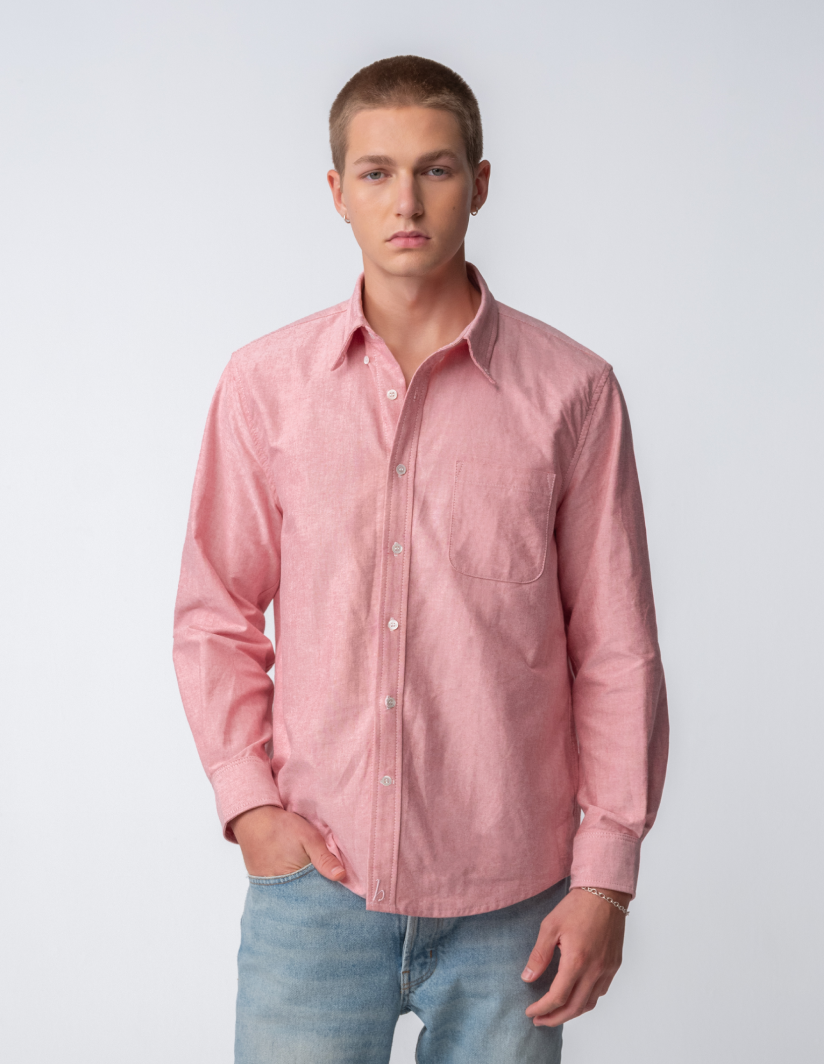 Guy wearing Hanover Essential Oxford Shirt in Red on model
