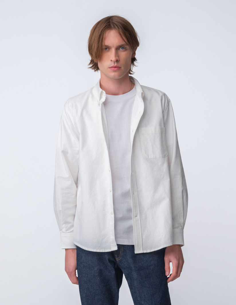 Guy wearing Hanover Essential Oxford Shirt in White on model