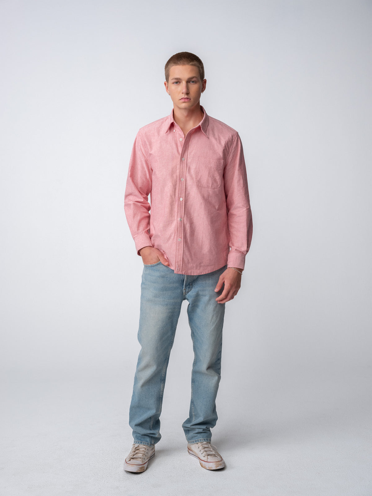 Full body guy wearing Hanover Essential Oxford Shirt in Red on model