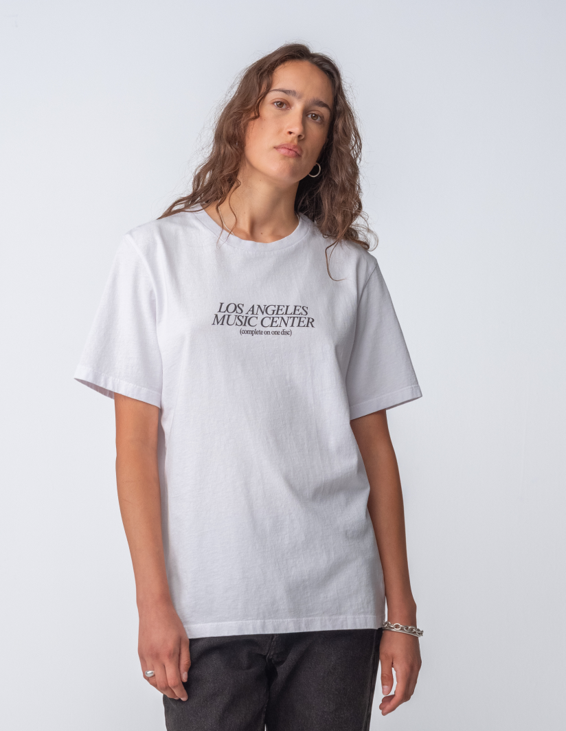 Model female wearing LA Music Center T-Shirt