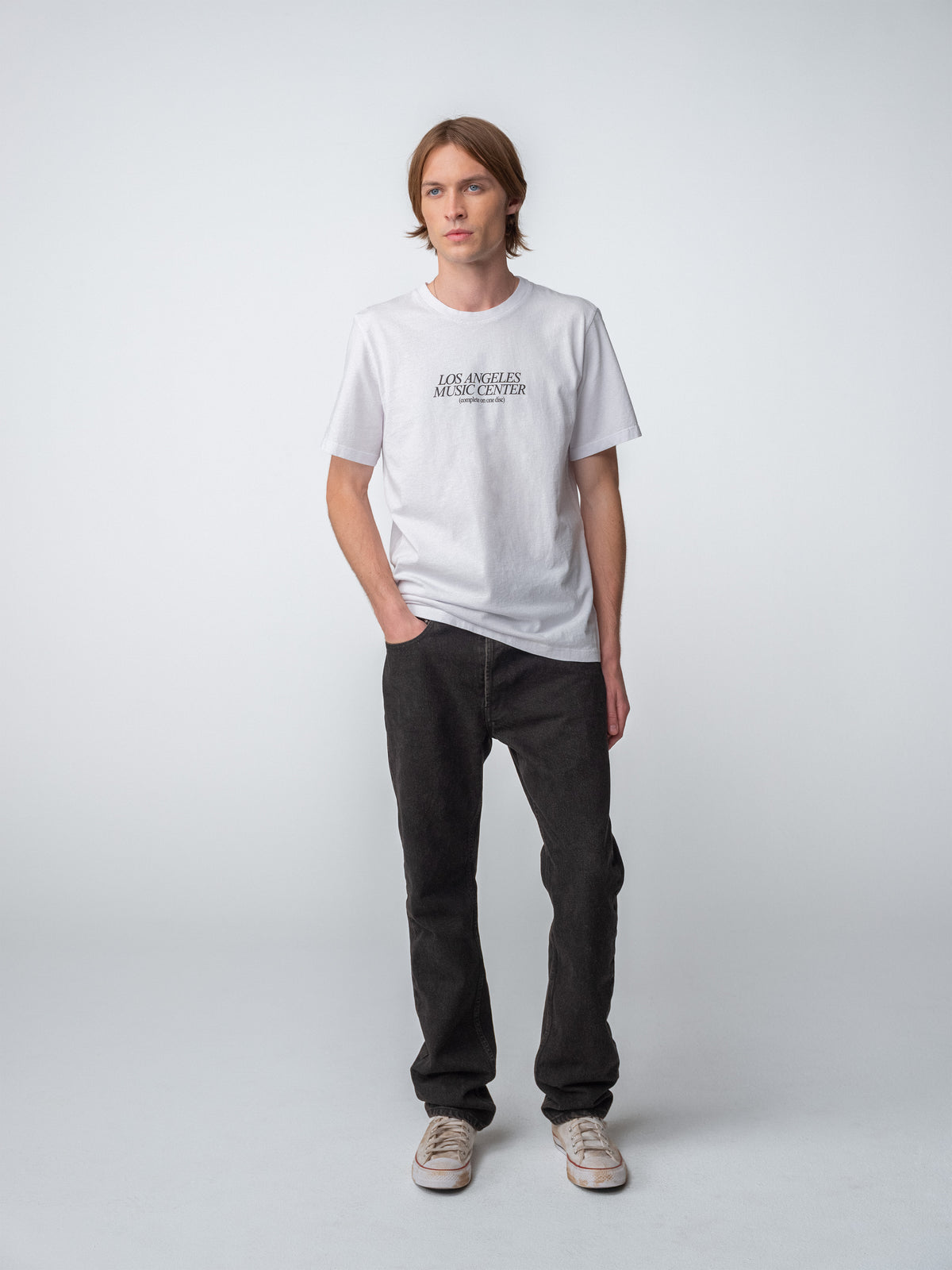 Model wearing LA Music Center T-Shirt full body view
