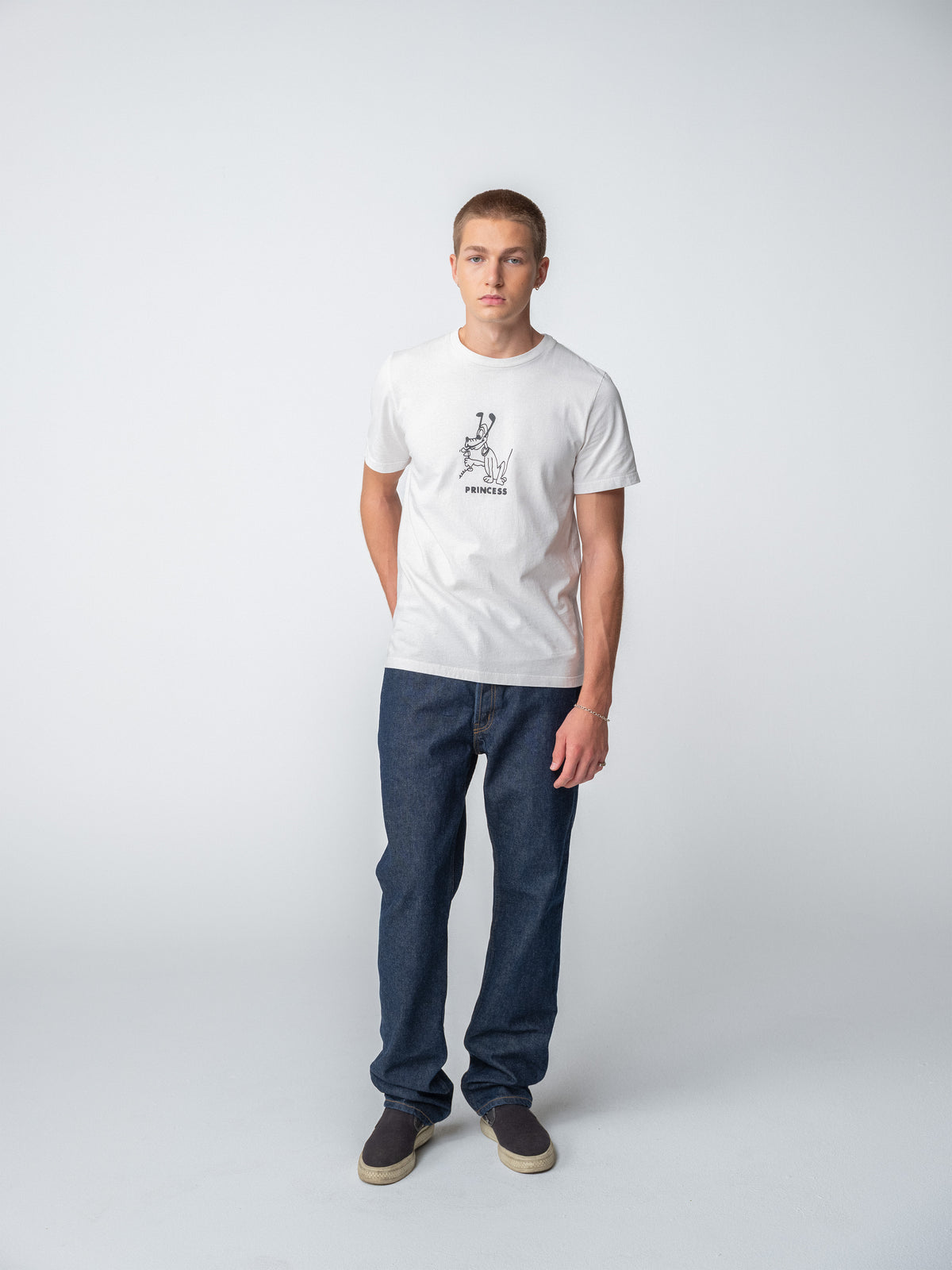 Model guy wearing Princess T-Shirt full body view
