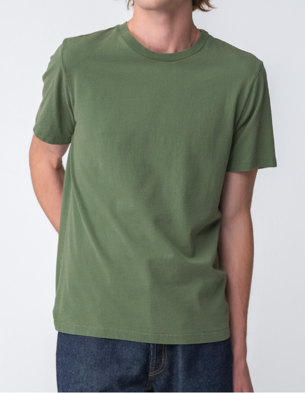 Model wearing Sunwashed Staple T-Shirt in spruce