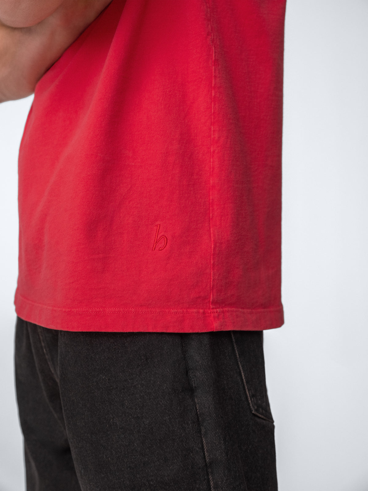 Model wearing Sunwashed Staple T-Shirt in cherry detail view