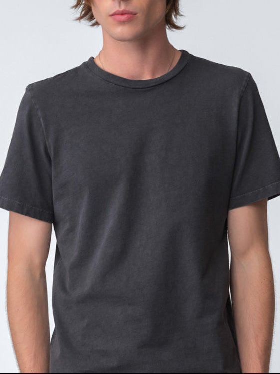 Model wearing Sunwashed Staple T-Shirt in charcoal